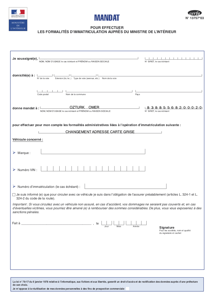 Procuration par Mandat d’immatriculation (13757*03)  Ruedesplaques